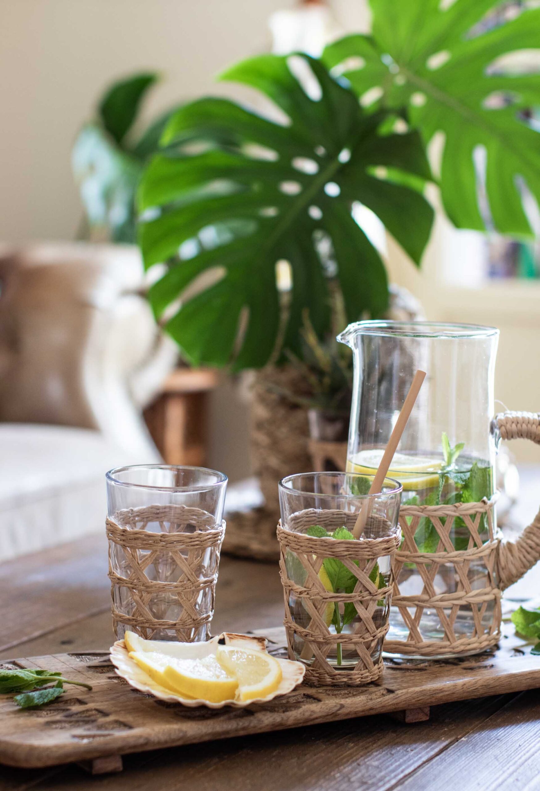 Karaffe mit Zitronenwasser und Gläsern, dekoriert mit Zitronenscheiben und frischen Minzblättern